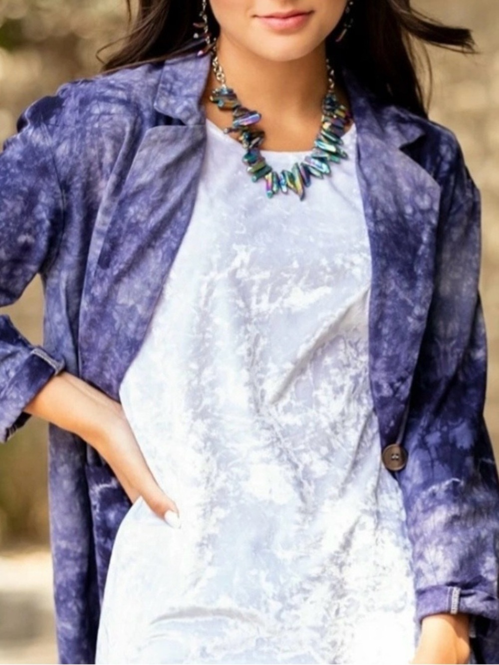 Anthropologie AMADI Purple Tie-Dye Blazer with White Velvet Top
